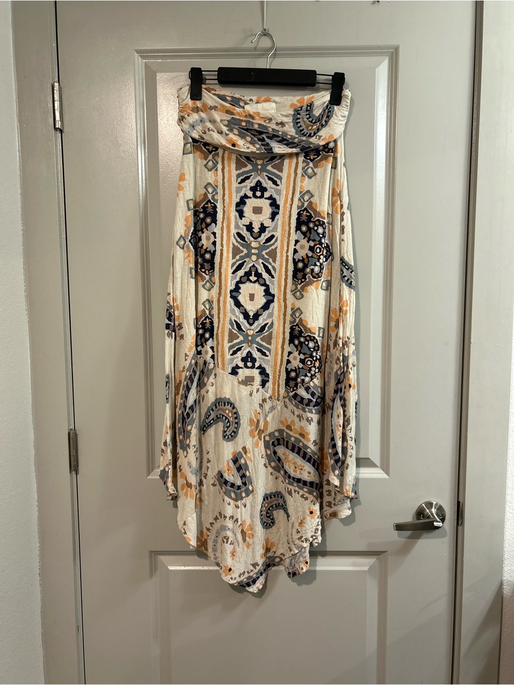 Maeve by Anthropologie Cream, Navy & Orange High-Low Foldover Printed Maxi Skirt